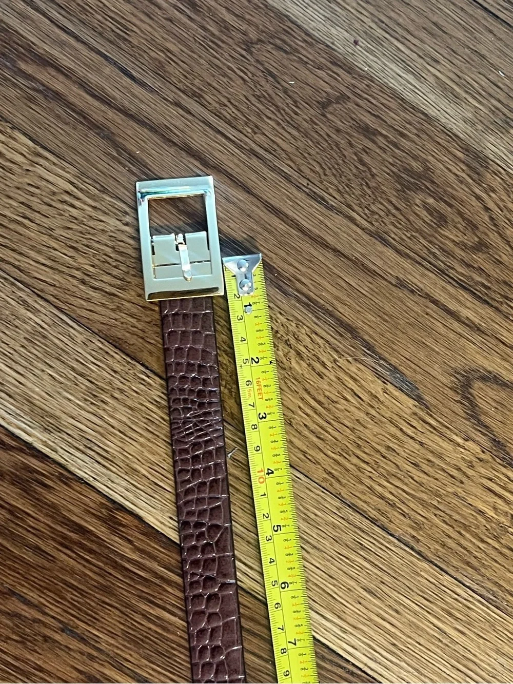 Brown Croc-Embossed Leather Belt with Gold Buckle